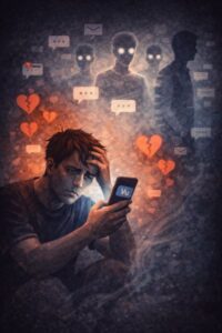 homme confronté au ghosting, regardant un message vu sans réponse sur son téléphone, symbole d’une lâcheté sociale devenue normale