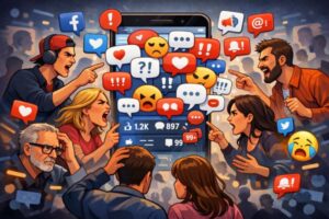 Illustration montrant une accumulation d’opinions sur les réseaux sociaux, symbolisant un débat permanent où l’écoute disparaît.