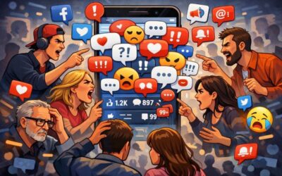 Illustration montrant une accumulation d’opinions sur les réseaux sociaux, symbolisant un débat permanent où l’écoute disparaît.