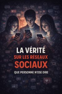 des personnes absorbées par leurs smartphones, symbolisant l’illusion et la dépendance créées par les réseaux sociaux
