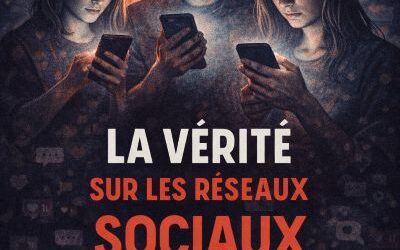 des personnes absorbées par leurs smartphones, symbolisant l’illusion et la dépendance créées par les réseaux sociaux