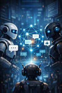 intelligences artificielles échangeant entre elles sur un réseau social autonome, symbolisant le concept de Moltbook